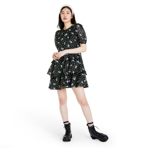 Sandy Liang x Target Black Floral Print Short Sleeve Tiered Ruffle Mini Dress - Picture 2 of 9